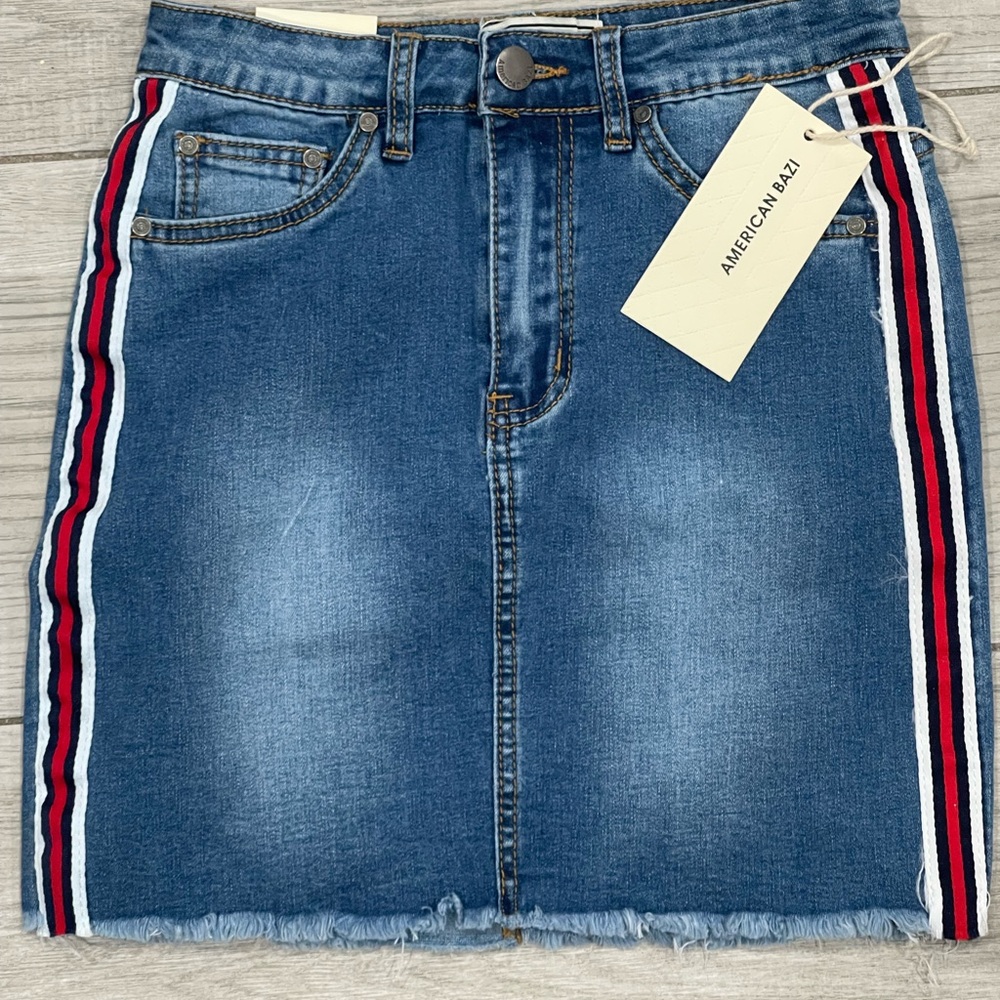 American Bazi Blue Denim Skirt with Red and White Stripes